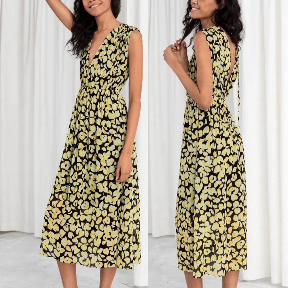 & Other Stories Gathered Floral Midi Dress Yellow Black Tie Flowy V Neck Size 6